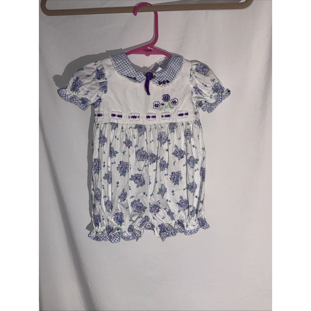 Vintage Floral Smocked Bubble Romper Purple Gingham Bows Embroidered NOS (*6-12)